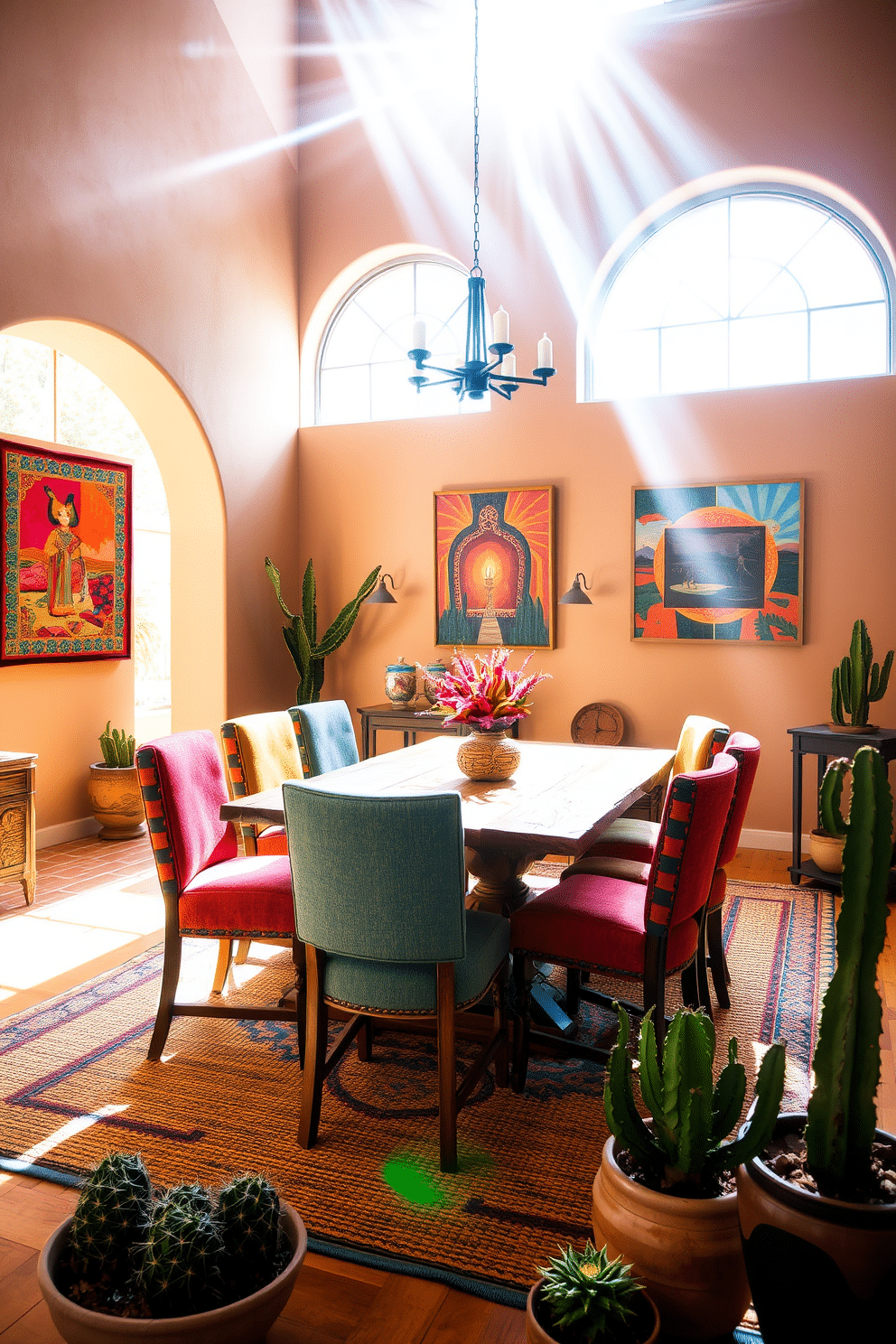 A bright and inviting Southwestern dining room filled with natural light streaming through large, arched windows. The space features a rustic wooden dining table surrounded by colorful, upholstered chairs, creating a warm and welcoming atmosphere. The walls are adorned with earthy tones, complemented by vibrant artwork that reflects the rich culture of the Southwest. A woven rug lies under the table, adding texture and warmth to the room, while potted cacti and succulents are placed strategically around the space for a touch of greenery.