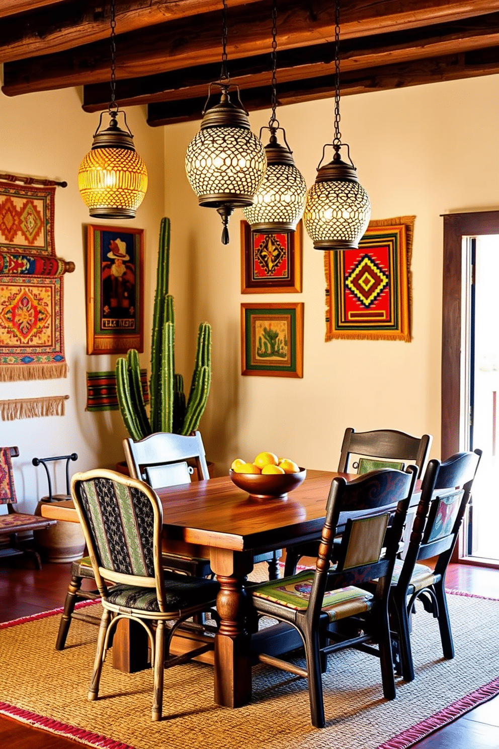 A warm and inviting dining room features a rustic wooden table surrounded by mismatched chairs, each with unique patterns and textures. Above the table, several intricately designed hanging lanterns cast a soft glow, enhancing the cozy atmosphere and highlighting the vibrant Southwestern decor. The walls are adorned with colorful woven textiles and framed artwork that reflect the rich cultural heritage of the Southwest. A large potted cactus sits in one corner, while a woven rug anchors the space, adding warmth and a touch of earthy elegance.