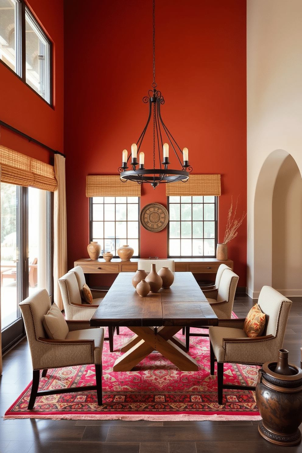 A striking dining room featuring a bold accent wall in a rich terracotta hue, creating a warm and inviting atmosphere. The space is furnished with a rustic wooden dining table surrounded by upholstered chairs in complementary earth tones, enhancing the Southwestern aesthetic. Natural light floods the room through large windows adorned with woven shades, illuminating decorative elements like a vibrant area rug and handcrafted pottery. Overhead, a statement chandelier made of wrought iron adds a touch of elegance, tying the design together beautifully.