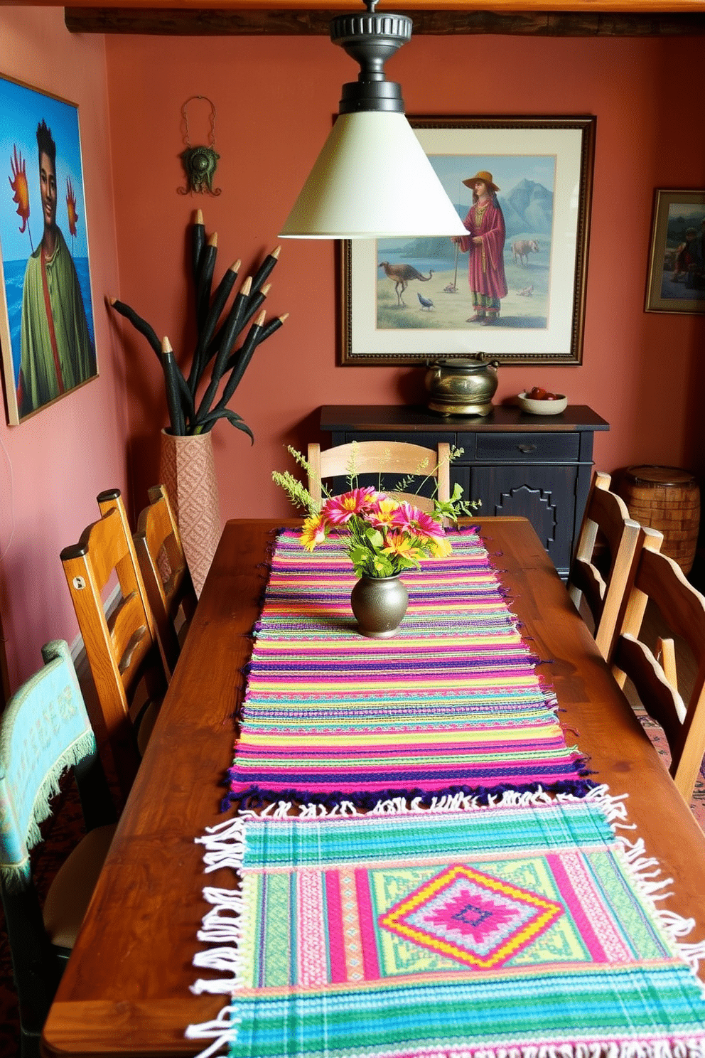 A vibrant Southwestern dining room featuring colorful woven table runners that add texture and warmth to the space. The table is made of rustic wood, surrounded by mismatched chairs in earthy tones, complemented by a backdrop of adobe-style walls adorned with traditional artwork.