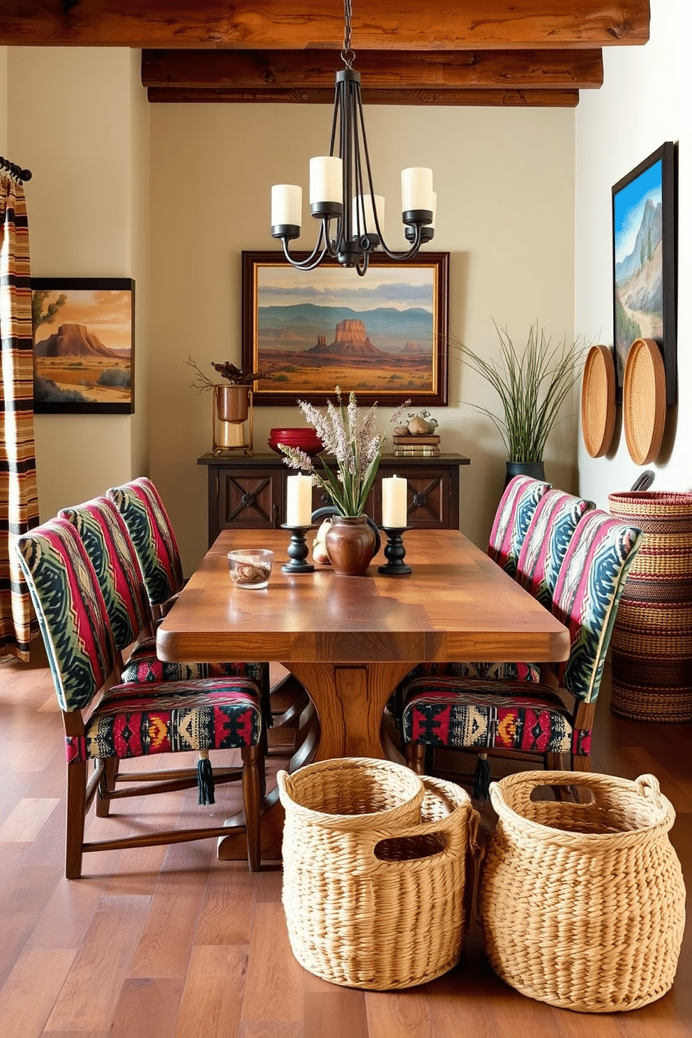 A cozy Southwestern dining room features a rustic wooden table surrounded by colorful upholstered chairs with tribal patterns. The walls are adorned with woven textiles and artwork reflecting Southwestern landscapes, while woven baskets are strategically placed for stylish storage solutions, adding both functionality and charm.