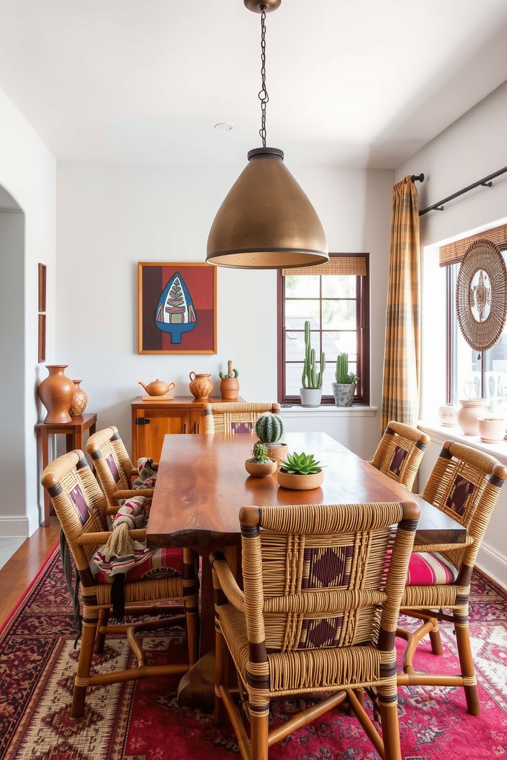 A Southwestern dining room features a rustic wooden table surrounded by woven chairs that showcase vibrant textiles. The walls are adorned with handcrafted pottery and colorful artwork, while a large pendant light made of iron hangs above the table, adding warmth to the space. The floor is covered with a patterned area rug that complements the earthy tones of the room. Potted succulents and cacti on the windowsill bring a touch of nature indoors, enhancing the curated look of mixed materials throughout the design.