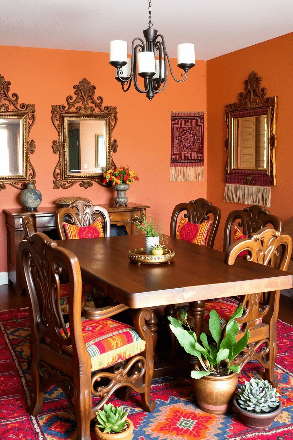 A vintage southwestern dining room features a rustic wooden table surrounded by intricately carved chairs, each adorned with colorful woven cushions. Above the table, vintage southwestern mirrors with ornate frames create depth and reflect the warm hues of the room, enhancing the cozy atmosphere. The walls are painted in earthy tones, complemented by woven textiles hanging as wall art. A vibrant area rug with traditional southwestern patterns anchors the space, while potted succulents add a touch of greenery to the decor.