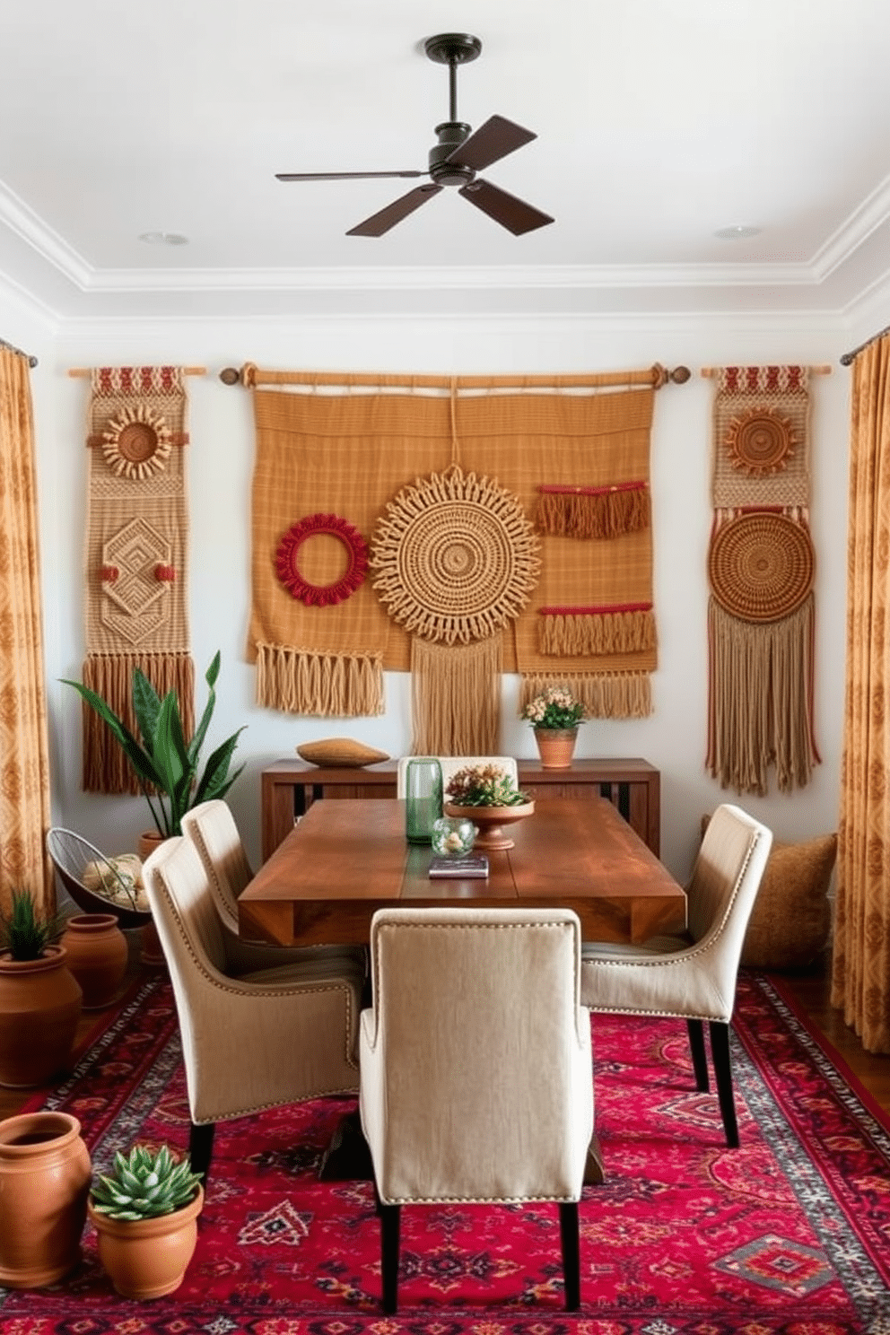 Textured wall hangings create a focal point in the dining room, adding depth and interest to the space. Incorporate woven textiles or macramé designs that reflect Southwestern motifs to enhance the room's character. The dining table is a rustic wooden piece, surrounded by upholstered chairs in warm earth tones. Accent the room with terracotta pots filled with succulents and a vibrant area rug that complements the textured wall hangings.