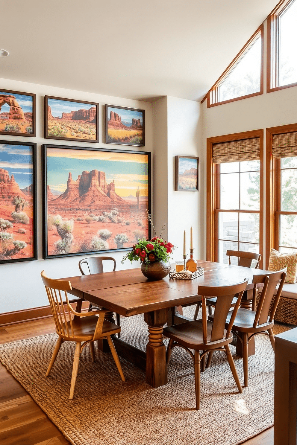 A vibrant dining room that showcases colorful artwork featuring desert landscapes. The walls are adorned with large, framed pieces that capture the essence of the Southwest, complemented by a rustic wooden dining table surrounded by mismatched chairs in warm earth tones. The room features a woven area rug that adds texture and warmth to the space. Large windows allow natural light to flood in, enhancing the rich colors of the artwork and creating an inviting atmosphere for family gatherings.