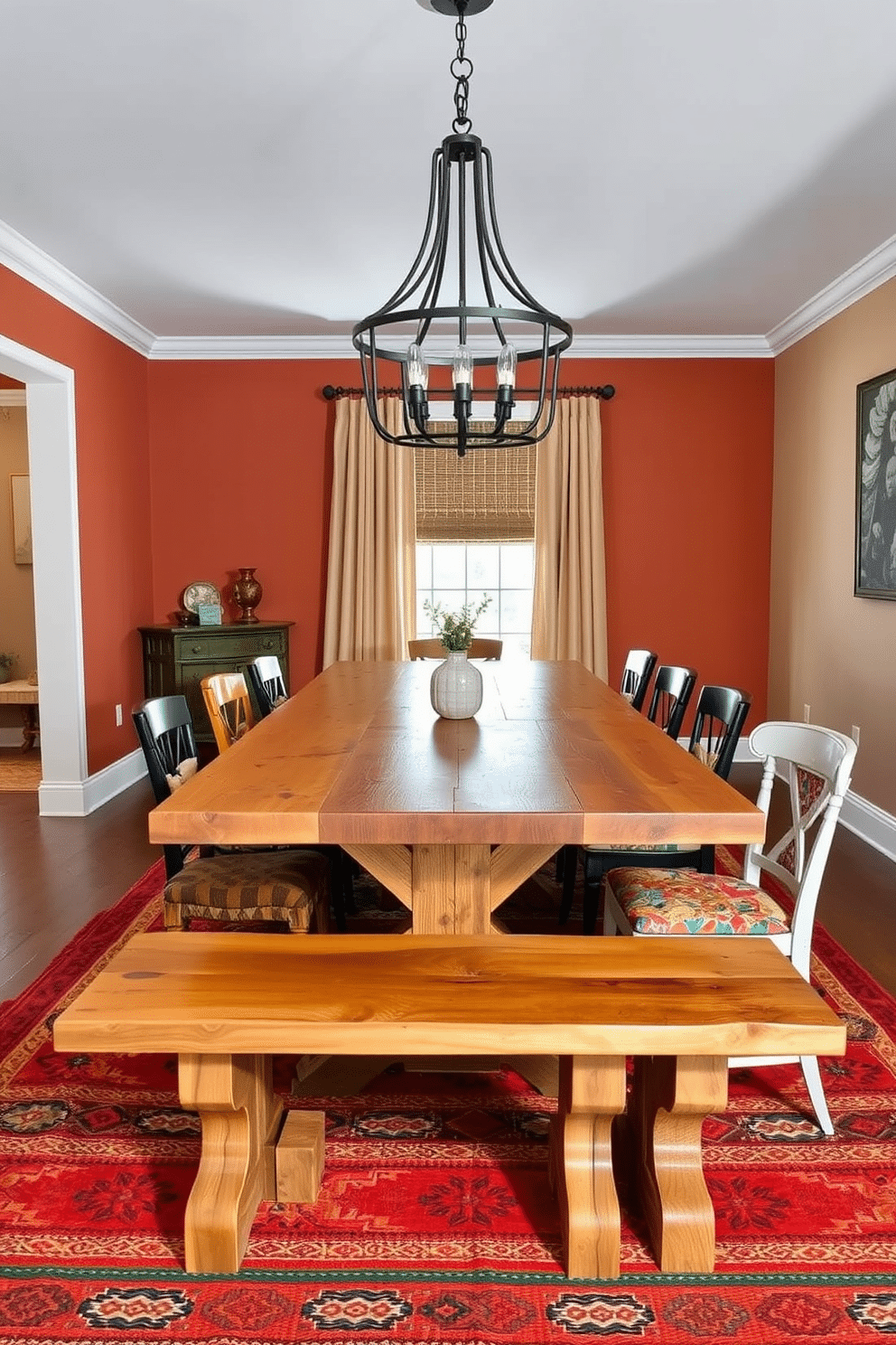 A custom-built dining bench spans the length of a rustic wooden table, crafted from reclaimed barn wood with a natural finish. Surrounding the table are mismatched chairs in vibrant southwestern patterns, creating a warm and inviting atmosphere. The walls are adorned with earthy tones, featuring terracotta and soft beige, while a colorful woven rug anchors the space beneath the table. Overhead, a statement light fixture made of wrought iron adds a touch of elegance, complementing the southwestern decor.