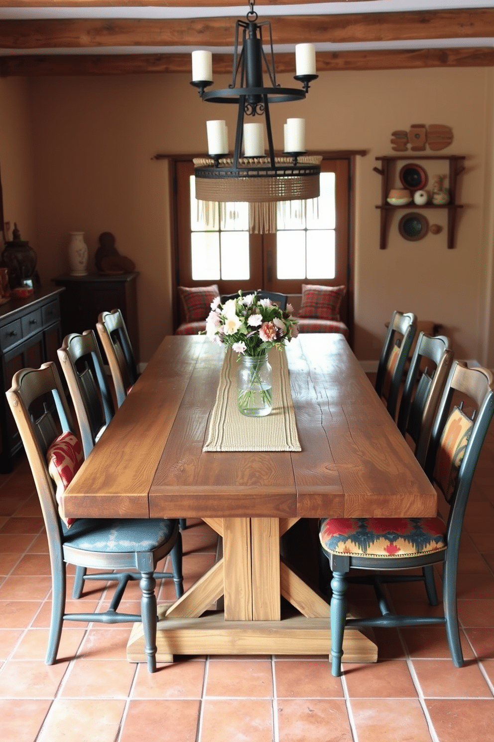 Charming farmhouse table for rustic elegance. The table is made of reclaimed wood, featuring a distressed finish that enhances its character. Surrounding the table are mismatched vintage chairs, each with its own unique color and design. A woven table runner adds texture, while a centerpiece of wildflowers in a mason jar brings a touch of nature indoors. Southwestern dining room design ideas. The space showcases warm earth tones, with terracotta tiles underfoot and adobe-style walls. A large, handcrafted wooden dining table is paired with colorful upholstered chairs that reflect traditional Southwestern patterns. Decorative elements include a woven wall hanging and a collection of pottery that adds cultural richness to the room.