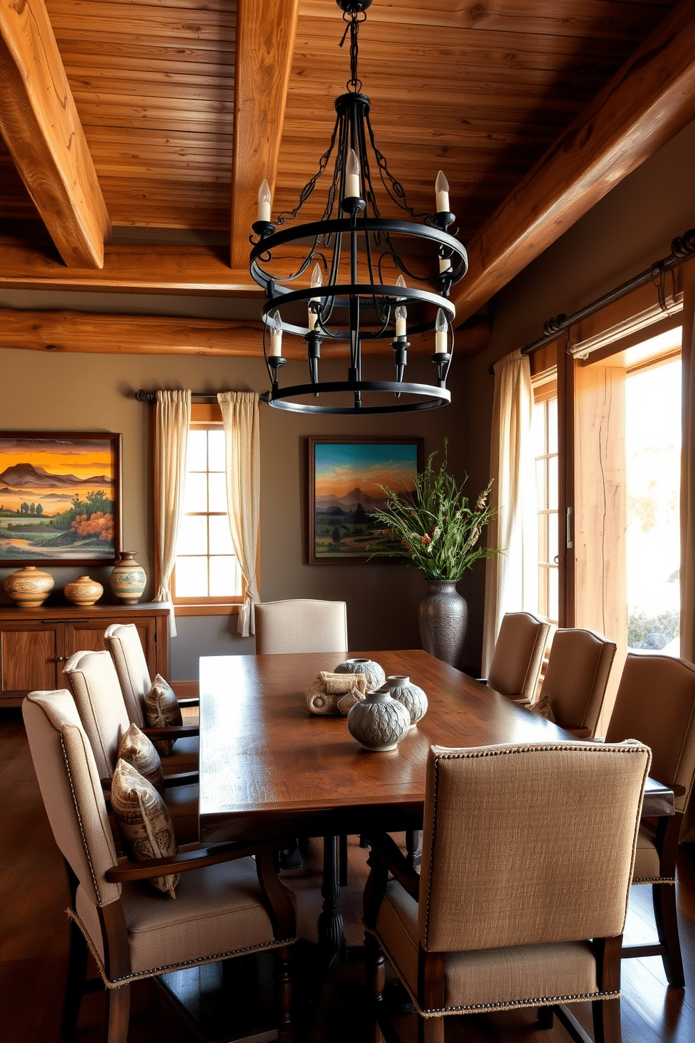 A Southwestern dining room featuring natural wood finishes creates a warm and inviting atmosphere. The space includes a large wooden dining table surrounded by upholstered chairs in earthy tones, complemented by woven textiles and decorative pottery. The walls are adorned with rustic wooden beams and colorful artwork inspired by Southwestern landscapes. A statement chandelier made of wrought iron hangs above the table, casting a soft glow over the room.