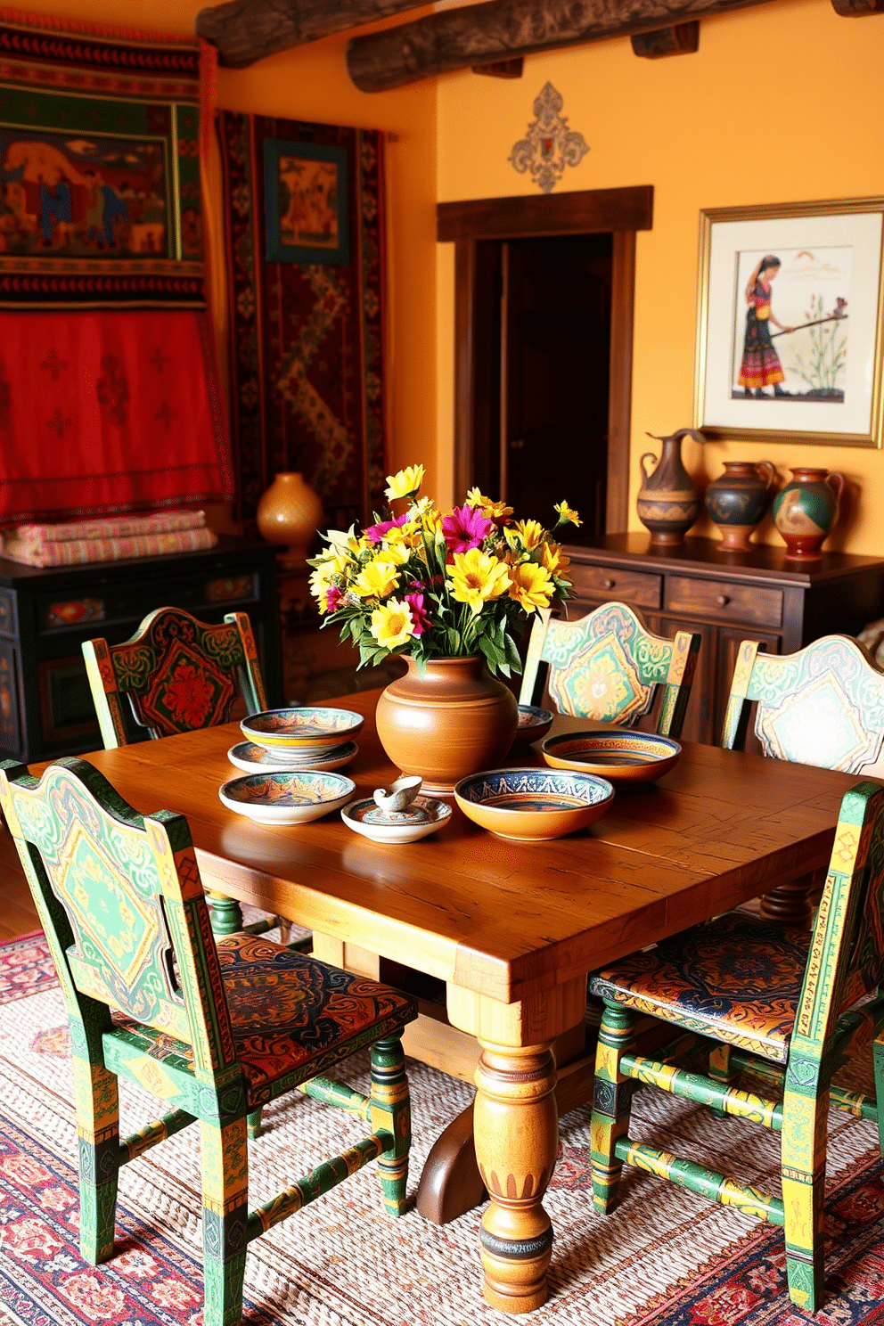 A vibrant Southwestern dining room features a rustic wooden table surrounded by hand-painted chairs that showcase intricate designs and warm colors. The walls are adorned with colorful textiles and artwork inspired by Southwestern culture, creating a cozy and inviting atmosphere. On the table, a collection of hand-painted dishes adds a personal touch, each piece reflecting the rich heritage of the region. A centerpiece of fresh flowers in a ceramic vase complements the earthy tones of the room, enhancing the overall aesthetic.