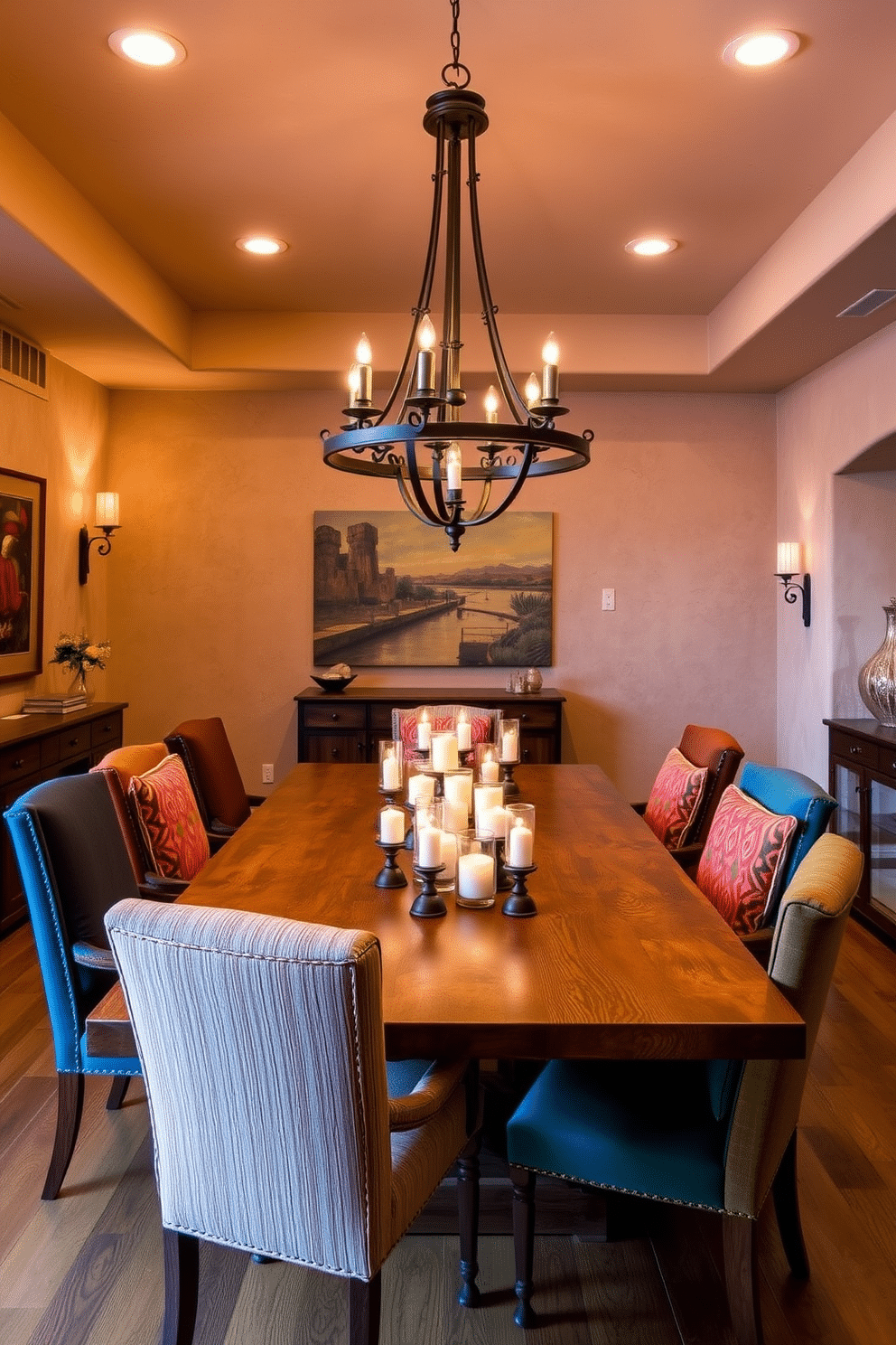 A warm and inviting Southwestern dining room features a large wooden table surrounded by colorful upholstered chairs. The walls are adorned with textured plaster in earthy tones, and a statement chandelier with wrought iron elements hangs above the table, casting a soft glow. Layered lighting enhances the ambiance, with recessed ceiling lights providing general illumination and wall sconces highlighting artwork. A collection of candles on the table adds a romantic touch, creating a cozy atmosphere for family gatherings.