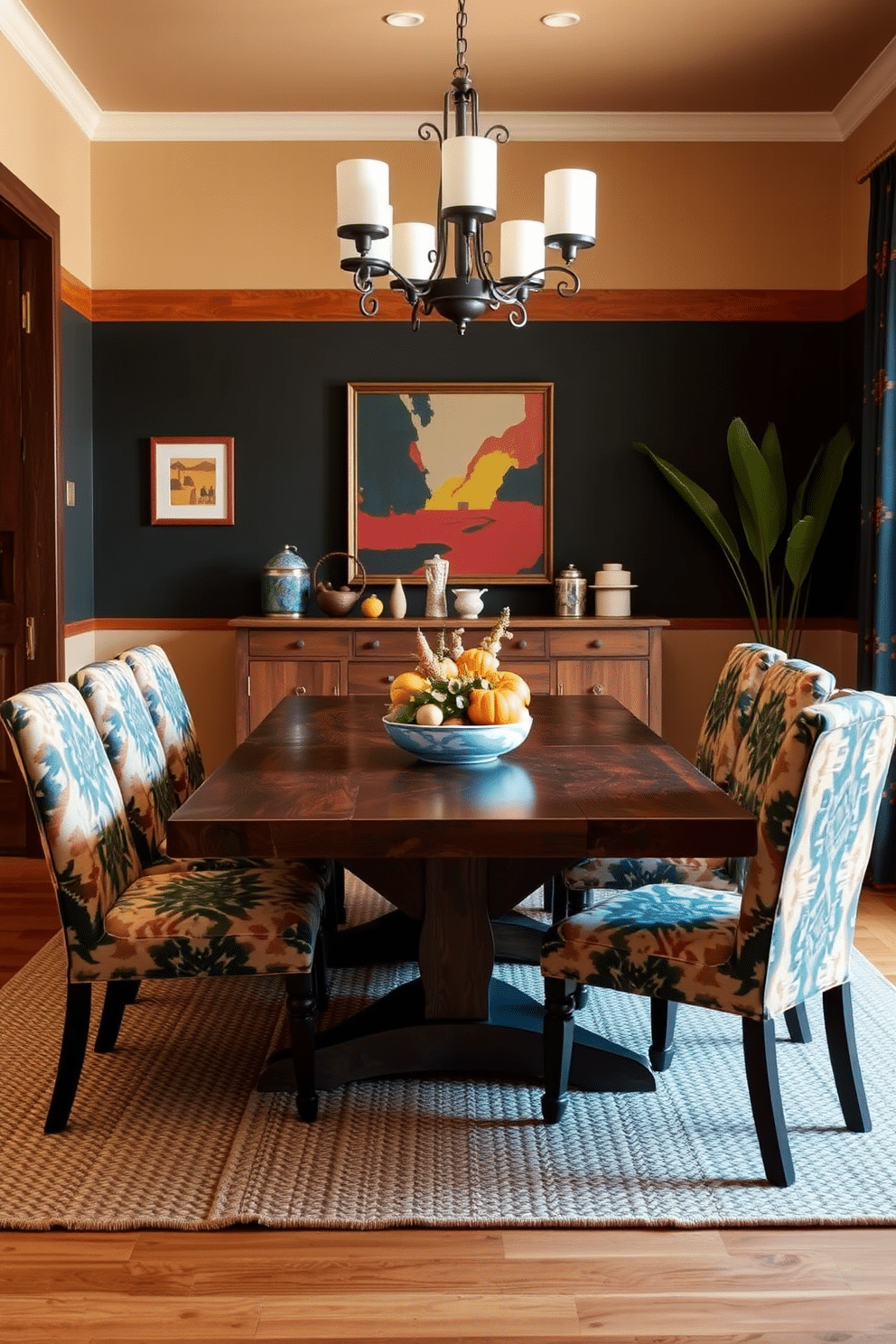 A Southwestern dining room features a rustic wooden table surrounded by geometric patterned chairs that create a bold contrast. The walls are adorned with earthy tones and vibrant accents, while a woven rug adds warmth underfoot.