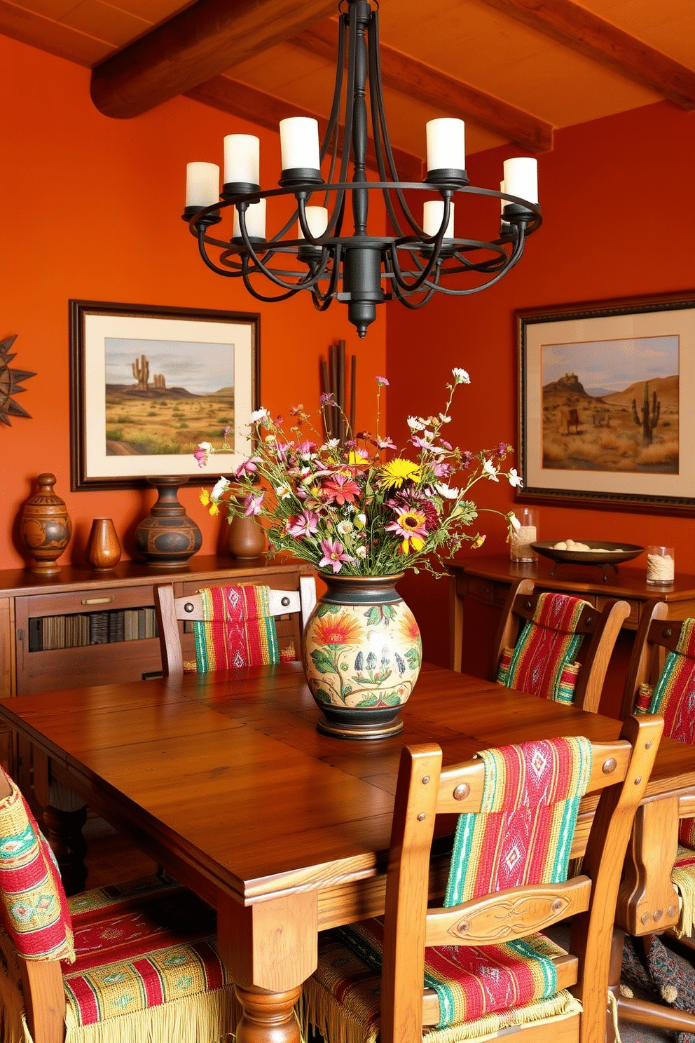 A Southwestern dining room features warm earthy tones, with terracotta walls and a rustic wooden table that seats six. Colorful woven textiles adorn the chairs, while a large, hand-painted ceramic vase filled with wildflowers serves as a centerpiece. The space is illuminated by a wrought-iron chandelier, casting a warm glow over the room. Decorative elements include Native American pottery and framed artwork depicting desert landscapes, enhancing the calming atmosphere.