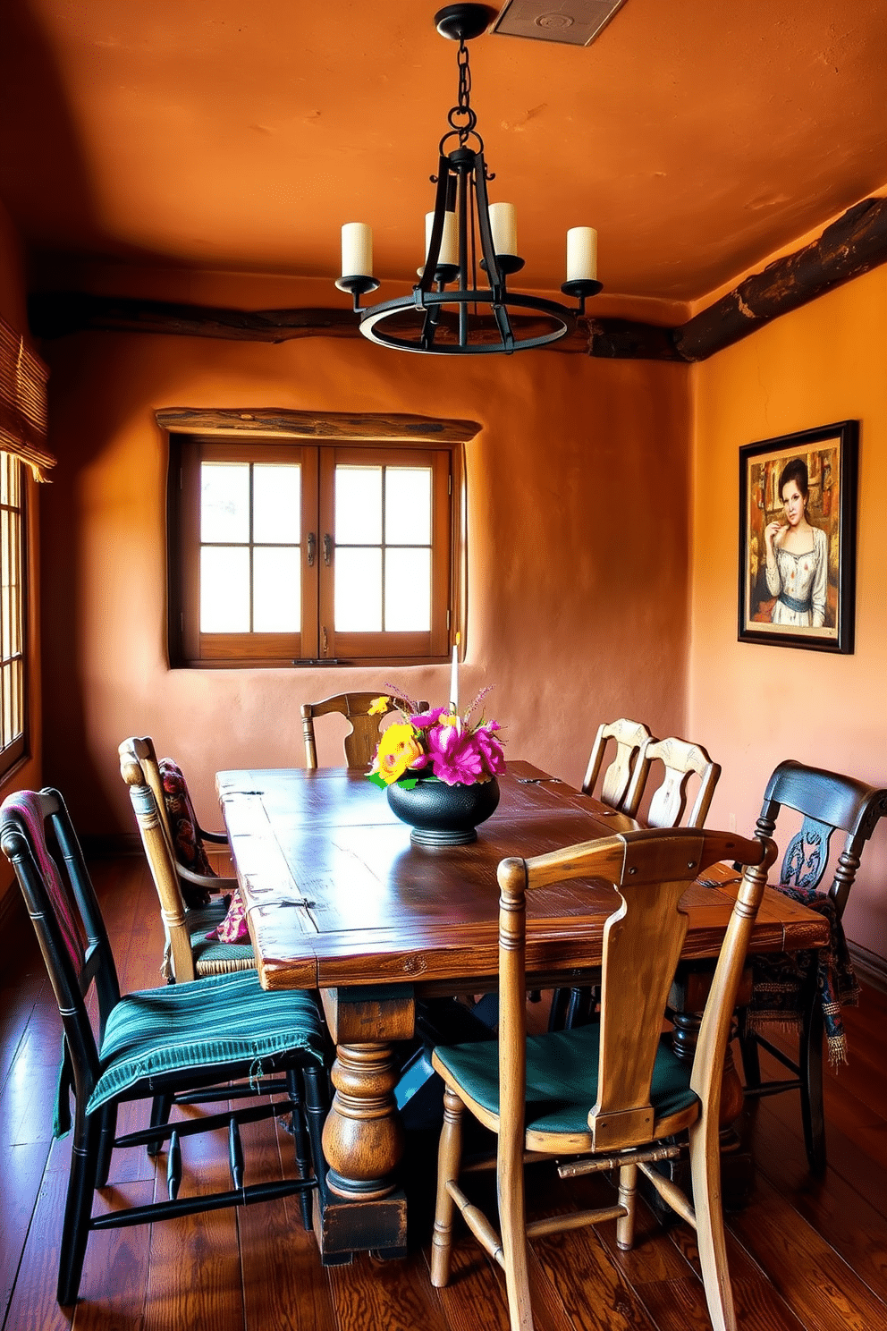 A warm and inviting Southwestern dining room features adobe-style walls in rich earthy tones, creating a cozy atmosphere. A rustic wooden dining table is surrounded by mismatched chairs, showcasing vibrant textiles and handcrafted details.