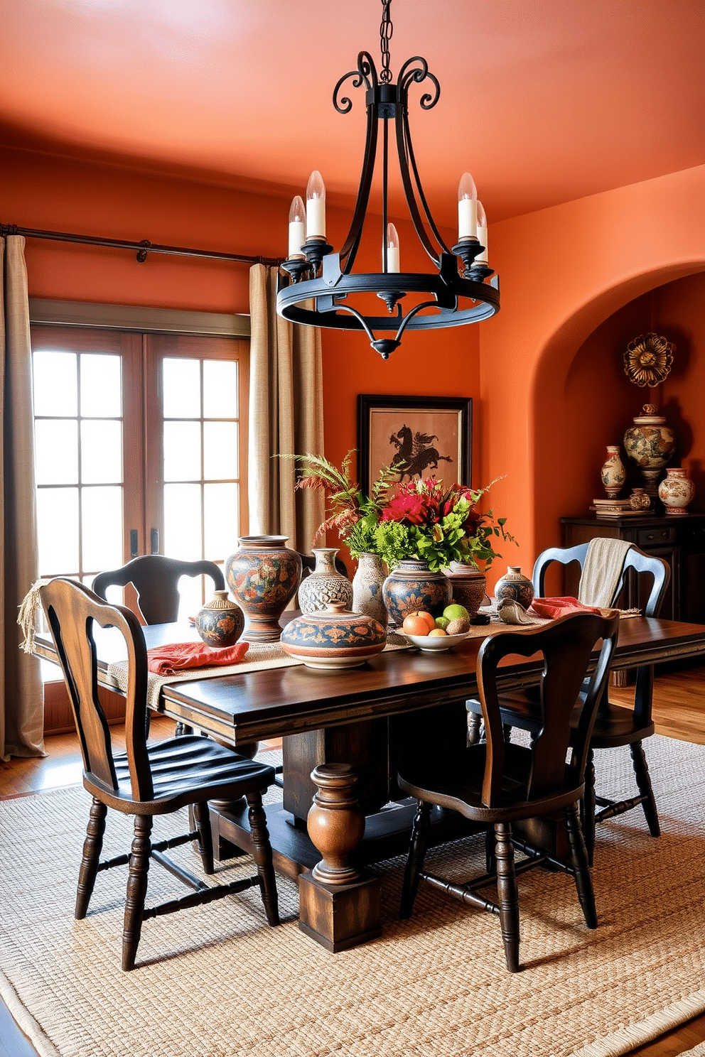 Antique pottery pieces are arranged as table decor accents, showcasing intricate designs and earthy tones that add character to the space. The dining table is set against a backdrop of warm, terracotta walls, with rustic wooden chairs that complement the pottery's aesthetic. The room features a woven rug that ties together the color palette, while a large window lets in natural light, enhancing the inviting atmosphere. Overhead, a wrought iron chandelier adds a touch of elegance, illuminating the table adorned with vibrant textiles and seasonal centerpieces.