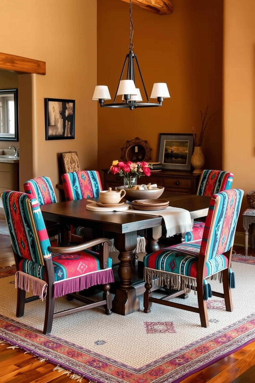 A cozy Southwestern dining room features a rustic wooden table surrounded by chairs upholstered with vibrant Native American textiles. The walls are adorned with earthy tones, and a woven rug with traditional patterns lies beneath the table, enhancing the room's cultural richness.