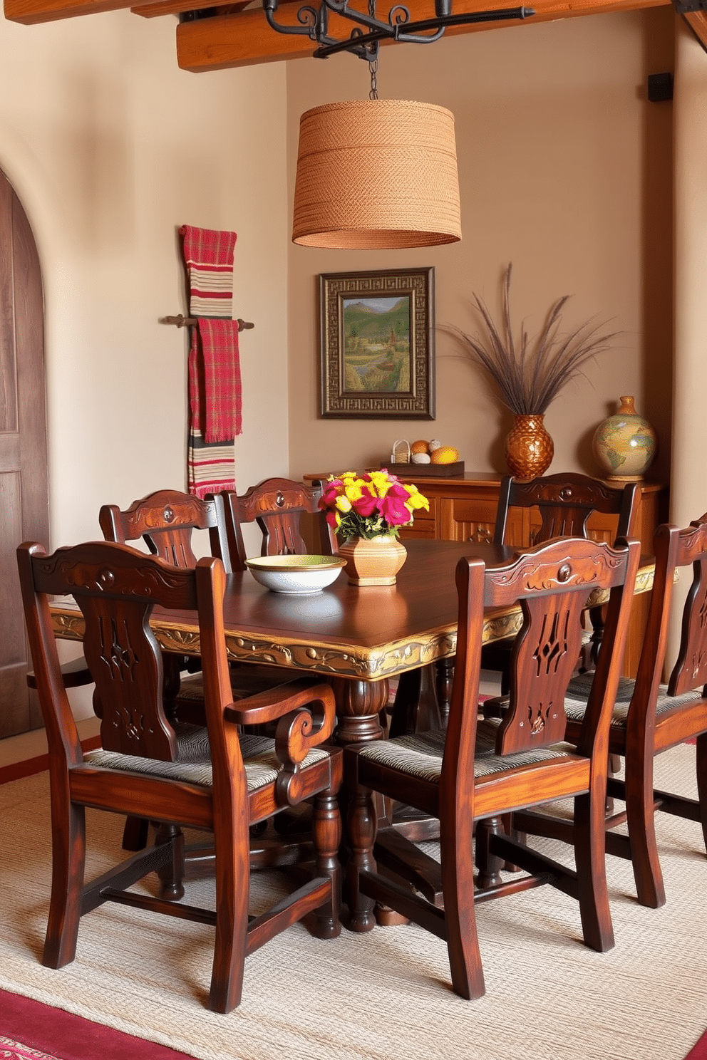 Handcrafted wooden dining chairs with character surround a rustic wooden table, showcasing intricate carvings and a warm finish. The room features adobe-style walls painted in soft earth tones, complemented by woven textiles and vibrant Southwestern decor elements.