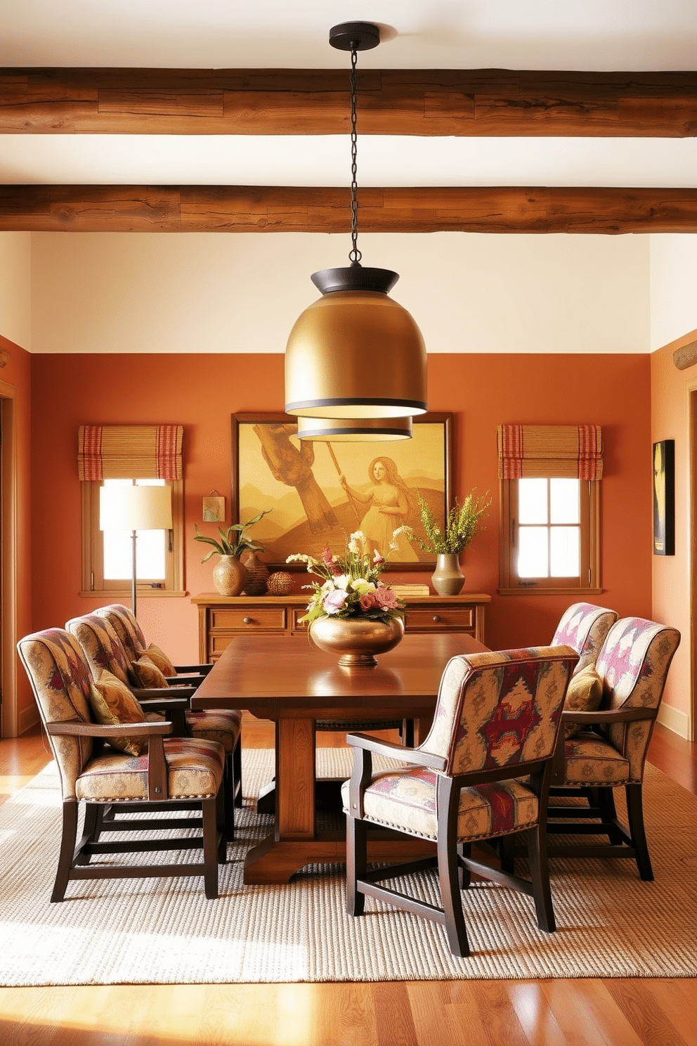 A Southwestern dining room features large pendant lights that cast a warm, inviting glow over the space. The walls are adorned with earthy tones and rustic wooden accents, creating a cozy atmosphere perfect for gatherings. The dining table is a sturdy wooden piece, surrounded by upholstered chairs that reflect vibrant Southwestern patterns. A woven rug lies beneath the table, adding texture and warmth to the room.