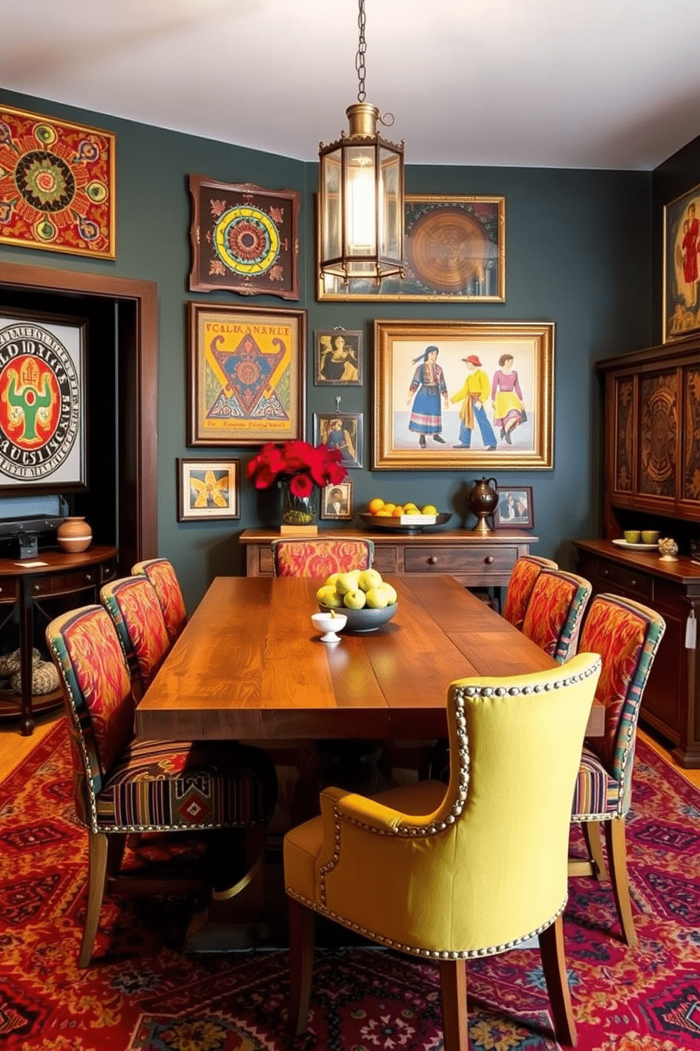 A southwestern dining room features vintage art pieces displayed on the walls, showcasing vibrant colors and intricate patterns that reflect the region's rich cultural heritage. The dining table, made of reclaimed wood, is surrounded by colorful, upholstered chairs that add warmth and character to the space.