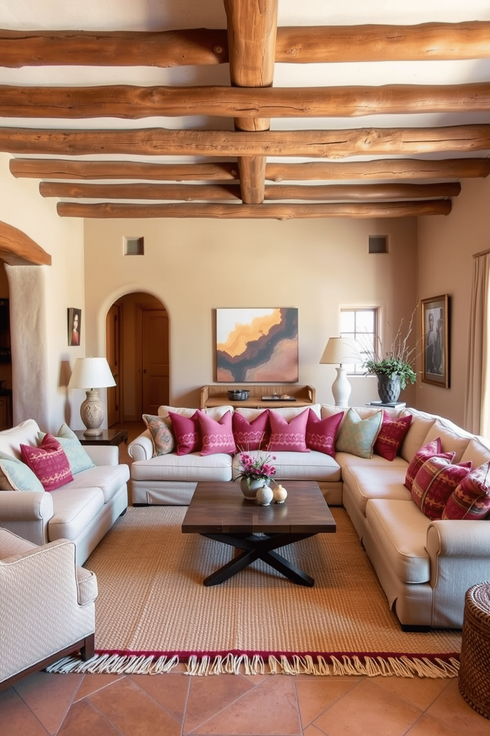 A cozy family room featuring rustic wooden beams that create a warm, inviting atmosphere. The adobe walls are painted in soft earth tones, complementing the natural textures of the space. A large, comfortable sectional sofa is adorned with colorful throw pillows, enhancing the Southwestern aesthetic. A handcrafted coffee table sits in the center, surrounded by woven rugs that add depth and character to the room.