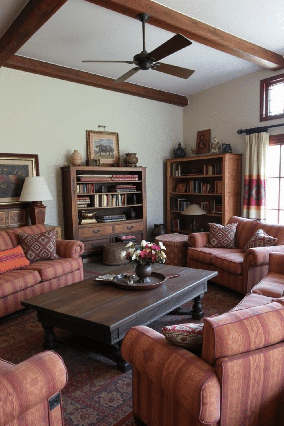 A cozy Southwestern family room featuring antique wooden furniture pieces. The room is adorned with a large, weathered wooden coffee table surrounded by plush, patterned sofas in earthy tones. On the walls, vibrant textiles and framed artwork showcase Southwestern motifs. A rustic wooden bookshelf filled with books and decorative items adds character and warmth to the space.