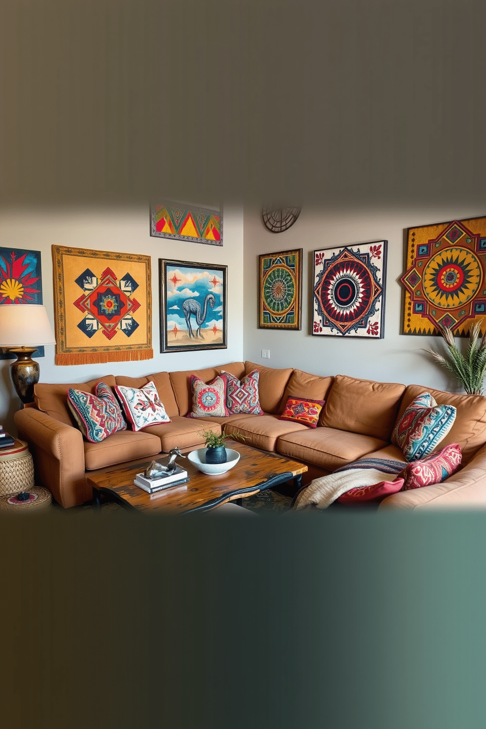 A cozy family room featuring Southwestern art pieces adorning the walls, showcasing vibrant colors and intricate patterns. The room includes a large, inviting sectional sofa with earthy tones, complemented by a rustic wooden coffee table and woven textiles scattered throughout.