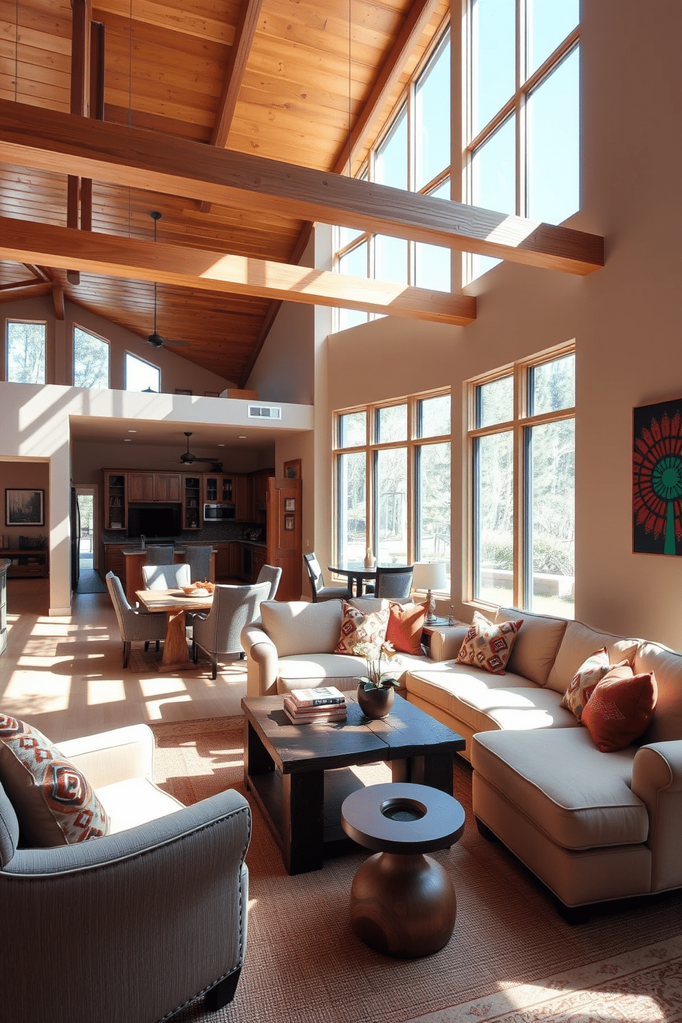 Open floor plan with natural light. The family room features large windows that allow sunlight to flood in, highlighting the warm tones of the wooden beams overhead. A cozy seating area is arranged around a rustic coffee table, with a plush sectional sofa adorned with colorful Southwestern-patterned cushions. The walls are painted in a soft beige, complemented by vibrant art pieces that reflect the rich culture of the Southwest.