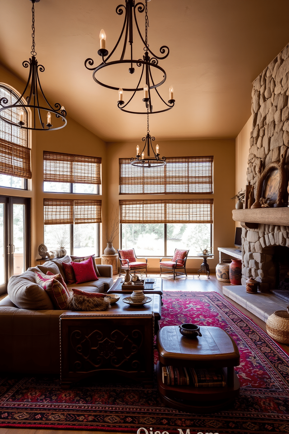 A cozy Southwestern family room featuring iron light fixtures that enhance the rustic charm of the space. The room includes a large, comfortable sectional sofa adorned with colorful textiles, a wooden coffee table with intricate carvings, and a stone fireplace that serves as the focal point. Natural light floods the room through large windows draped with woven shades, complementing the earthy color palette of warm browns and deep reds. Decorative elements such as handmade pottery, woven baskets, and a vibrant area rug add texture and personality to the inviting atmosphere.