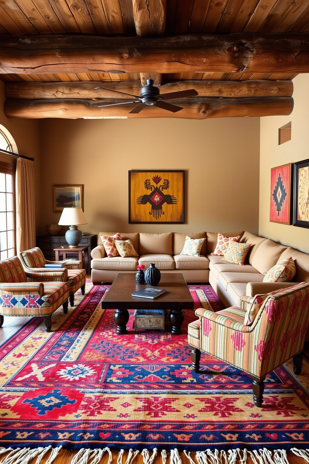 A cozy southwestern family room features vintage southwestern rugs underfoot, adding warmth and character to the space. The walls are adorned with earthy tones, complemented by rustic wooden beams on the ceiling and a large, inviting sectional sofa. A handcrafted coffee table sits at the center, surrounded by colorful accent chairs that reflect the vibrant patterns of the rugs. Native American-inspired artwork hangs on the walls, enhancing the cultural richness of the room.