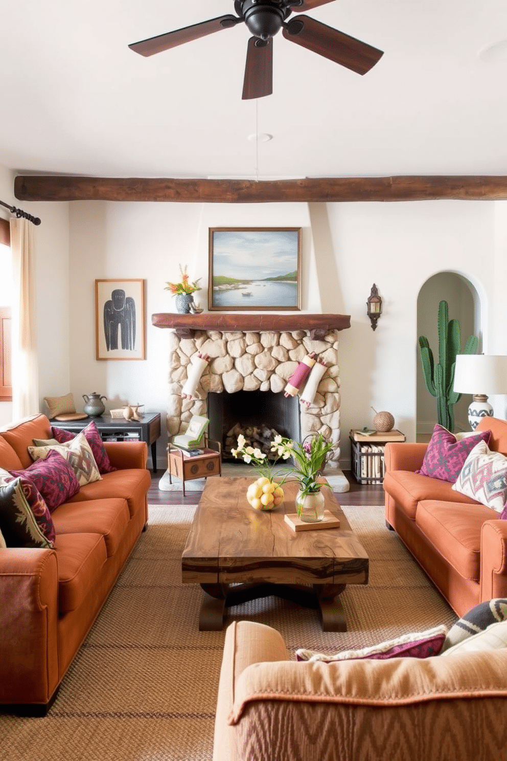 A cozy Southwestern family room features a natural wood coffee table as the centerpiece, surrounded by plush, earth-toned sofas adorned with vibrant throw pillows. The walls are decorated with rustic artwork and woven textiles, while a stone fireplace adds warmth and charm to the space.