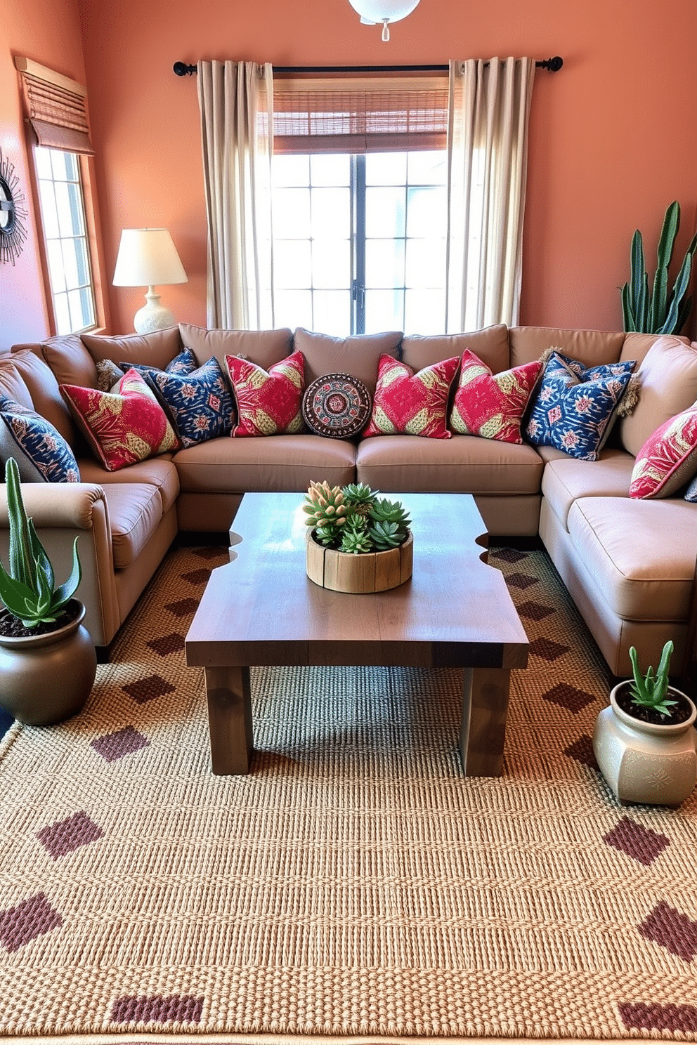 A cozy family room infused with Southwestern charm. The space features a large, plush sectional sofa adorned with colorful, patterned throw pillows, complemented by a rustic wooden coffee table at the center. On either side of the room, decorative pots filled with vibrant succulents add a touch of greenery. The walls are painted in warm earth tones, and a woven area rug with geometric patterns anchors the seating area.