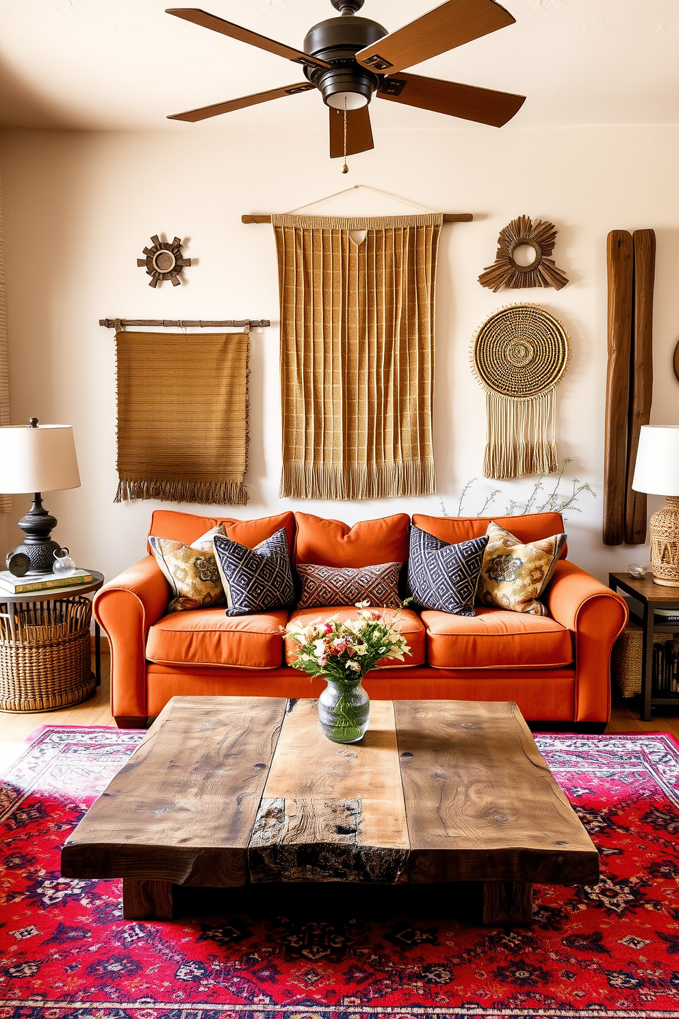 A cozy Southwestern family room features textured wall hangings that add depth and character to the space. The walls are adorned with woven tapestries and wooden art pieces, complemented by warm earth tones in the furniture and decor. A large, plush sofa in a rich terracotta hue is centered in the room, surrounded by patterned throw pillows. A rustic coffee table made of reclaimed wood sits atop a vibrant area rug, creating an inviting focal point for family gatherings.