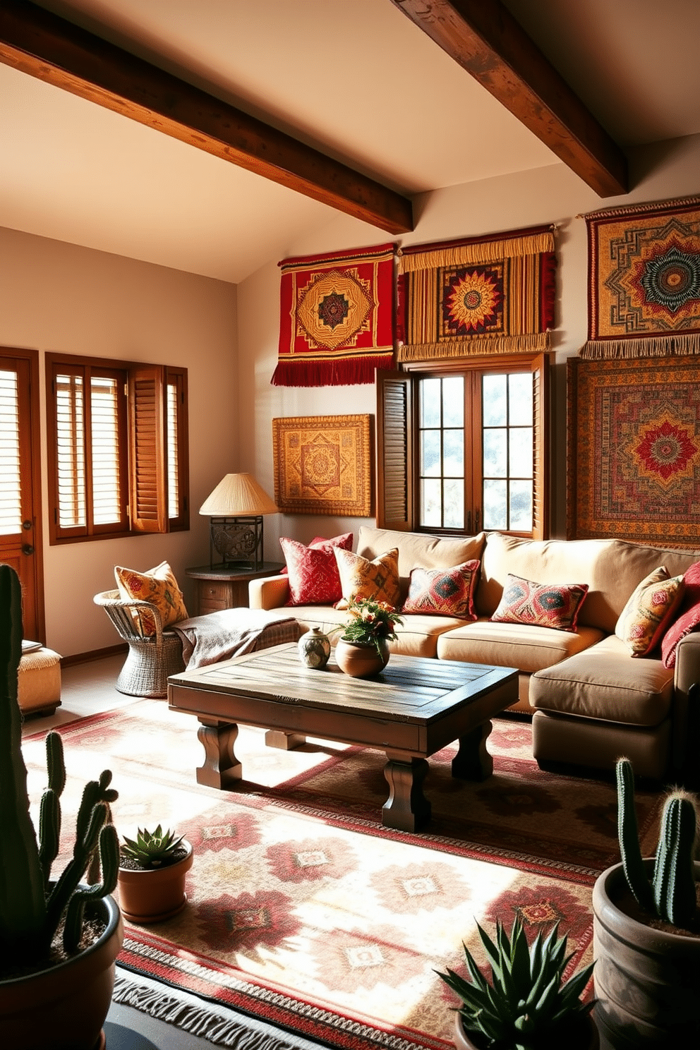 A vibrant Southwestern family room filled with colorful woven wall tapestries that add texture and warmth to the space. The room features a large, comfortable sectional sofa adorned with bright throw pillows, complemented by a rustic wooden coffee table at the center. Natural light floods in through large windows framed with wooden shutters, illuminating the rich earth tones of the decor. A cozy area rug with geometric patterns anchors the seating area, while potted cacti and succulents bring a touch of greenery to the room.