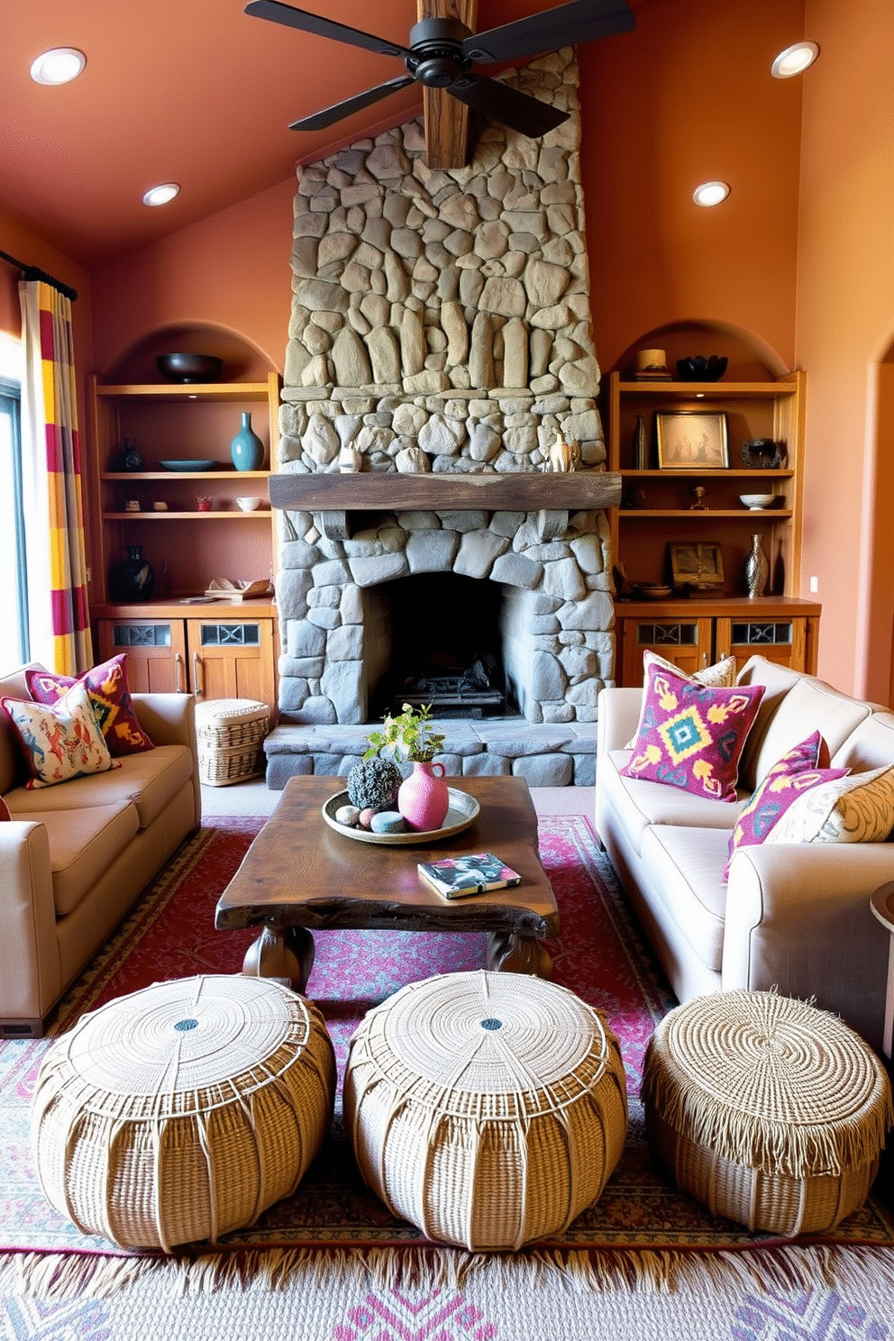 A cozy Southwestern family room featuring vibrant Navajo textiles as accents. The walls are adorned with warm earth tones, and a large, plush sofa is layered with colorful throw pillows showcasing traditional patterns. A rustic wooden coffee table sits in the center, surrounded by woven poufs for additional seating. On one side, a stone fireplace is framed by shelves displaying Native American pottery and art, enhancing the room's cultural charm.