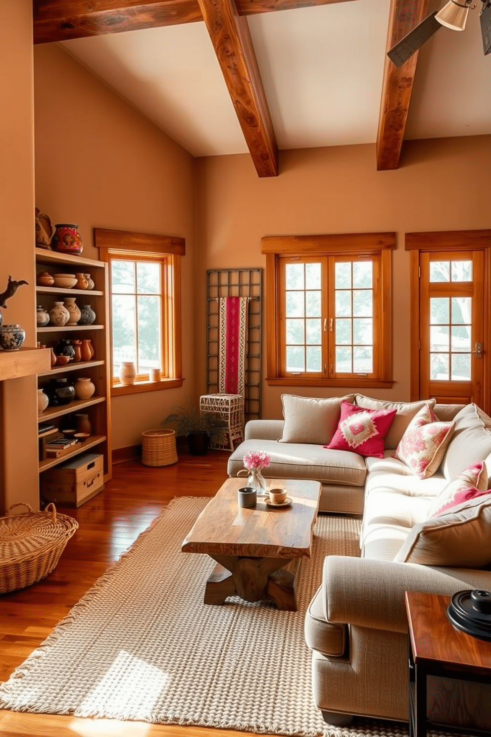 A cozy Southwestern family room featuring wooden accents in the shelving and decor. The walls are adorned with warm earth tones, and a large, inviting sectional sofa is positioned around a rustic wooden coffee table. In the corner, a handcrafted bookshelf showcases vibrant textiles and pottery that reflect the Southwestern aesthetic. A woven area rug adds texture to the space, while large windows allow natural light to flood in, highlighting the wooden beams on the ceiling.