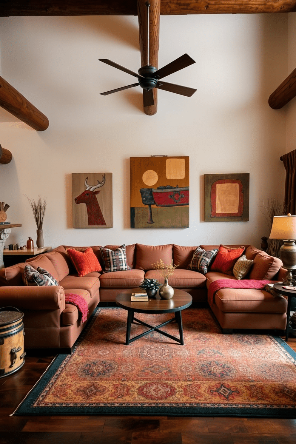 A comfortable sectional sofa in earthy hues anchors the Southwestern family room, surrounded by warm wood accents and vibrant textiles. The walls are adorned with rustic art, and a large area rug with geometric patterns adds texture to the space.