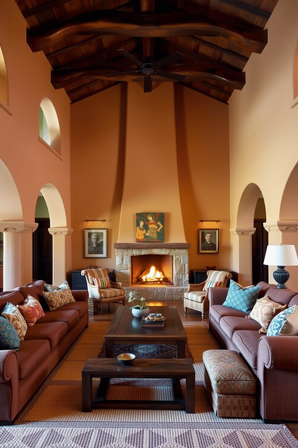 A cozy family room featuring Adobe-style arches that gracefully frame the space. The walls are adorned with warm earth tones, complemented by rustic wooden beams overhead and a large, inviting fireplace at one end. The room is furnished with plush, oversized sofas in rich textiles, accented by colorful throw pillows. A handcrafted coffee table sits at the center, surrounded by woven rugs that add texture and warmth to the Southwestern aesthetic.