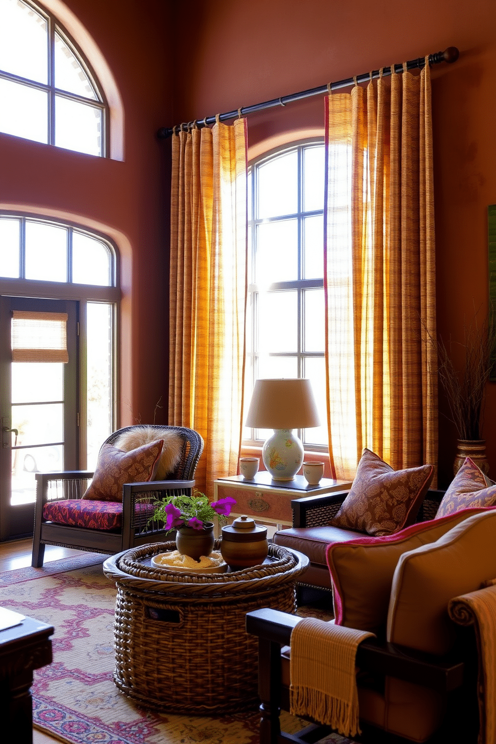 A cozy Southwestern family room featuring natural fiber curtains that gently filter sunlight, adding a touch of softness to the space. The room is adorned with earthy tones, including terracotta-colored walls and rustic wooden furniture, complemented by vibrant textiles and woven accents.