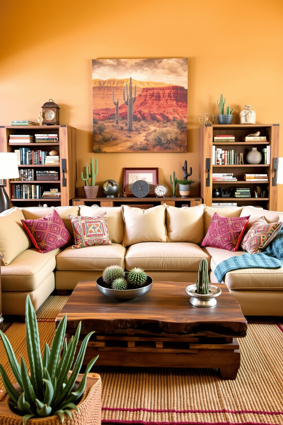 A cozy Southwestern family room featuring a large, inviting sectional sofa adorned with vibrant, patterned throw pillows. The walls are painted in warm earth tones, and a rustic wooden coffee table sits atop a woven area rug, surrounded by unique Southwestern decor items. Bookshelves made of reclaimed wood line one wall, filled with an eclectic mix of books and decorative artifacts that reflect the culture of the Southwest. A large piece of artwork depicting a desert landscape hangs above the sofa, while potted cacti and succulents add a touch of greenery to the space.