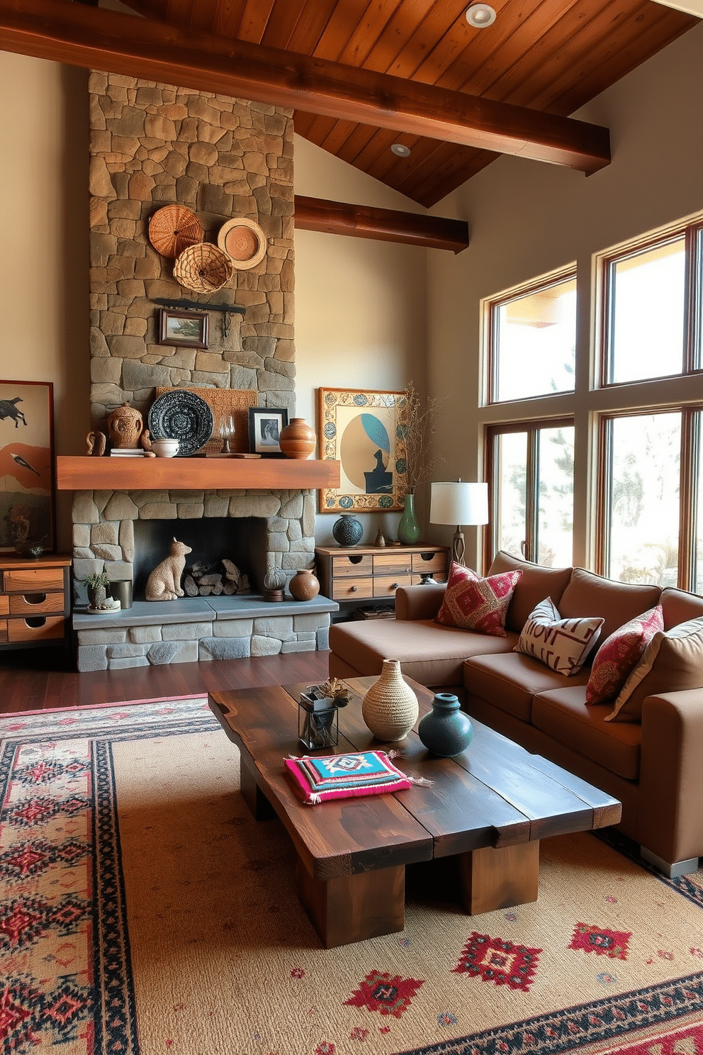 A cozy Southwestern family room blends modern and rustic elements seamlessly. The space features a large, comfortable sectional sofa upholstered in earthy tones, complemented by a reclaimed wood coffee table adorned with vibrant textiles. On one wall, a striking stone fireplace serves as a focal point, surrounded by handwoven baskets and decorative pottery. Large windows allow natural light to flood the room, showcasing a mix of contemporary art pieces and traditional Southwestern patterns on the throw pillows and rugs.