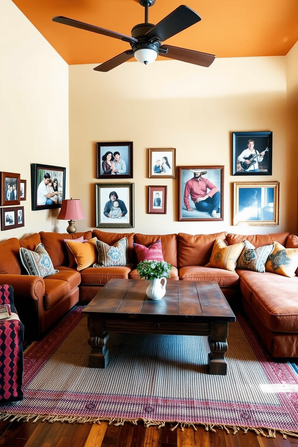 A cozy Southwestern family room featuring a warm color palette with earthy tones and vibrant textiles. The walls are adorned with family photos in rustic frames, capturing cherished memories and adding a personal touch to the space. The room includes a large, comfortable sectional sofa upholstered in a rich, textured fabric, accented by colorful throw pillows. A wooden coffee table with a distressed finish sits in the center, surrounded by a handwoven area rug that ties the design together.