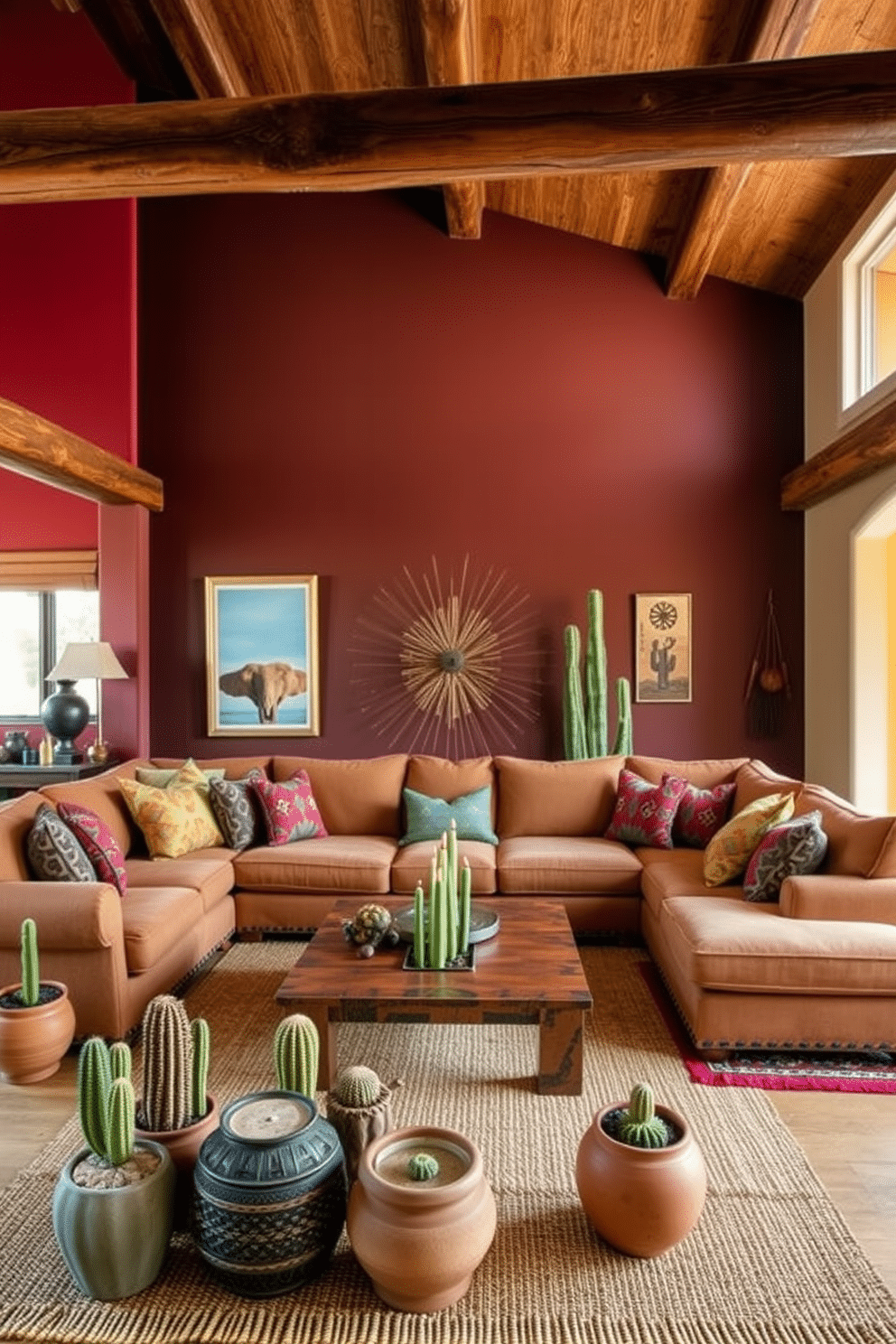 A Southwestern family room features bold accent walls in deep colors, creating a striking backdrop for the space. The room is adorned with rustic wooden beams and a large, comfortable sectional sofa upholstered in earthy tones, complemented by vibrant, patterned throw pillows. A handcrafted coffee table sits at the center, surrounded by woven rugs that add texture and warmth. Decorative elements include Native American-inspired art pieces and a collection of cacti in terracotta pots, enhancing the room's southwestern charm.