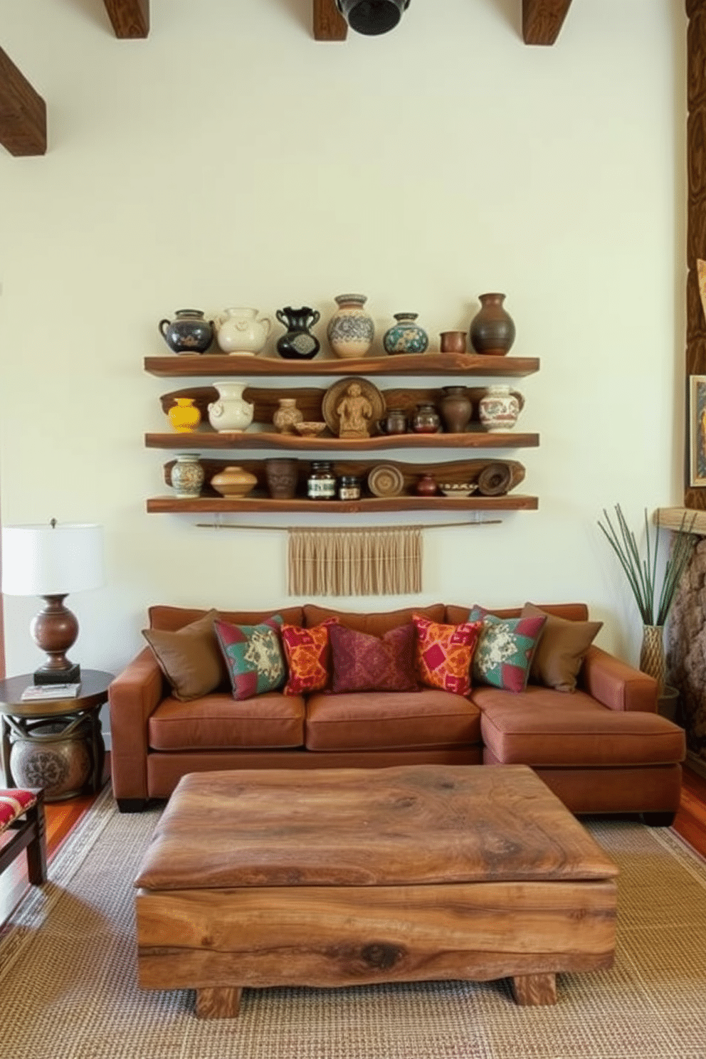 A cozy Southwestern family room featuring reclaimed wood shelves adorned with decorative pottery and woven textiles. The seating area includes a large, comfortable sectional sofa in earth tones, complemented by vibrant accent pillows and a rustic coffee table made from reclaimed wood.