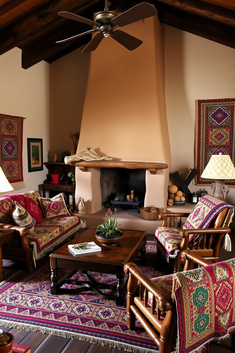 A cozy Southwestern family room featuring handmade quilts draped over a rustic wooden sofa and armchairs. The walls are adorned with vibrant, woven textiles, and a large adobe fireplace serves as the room's focal point, surrounded by earthy tones and natural materials.