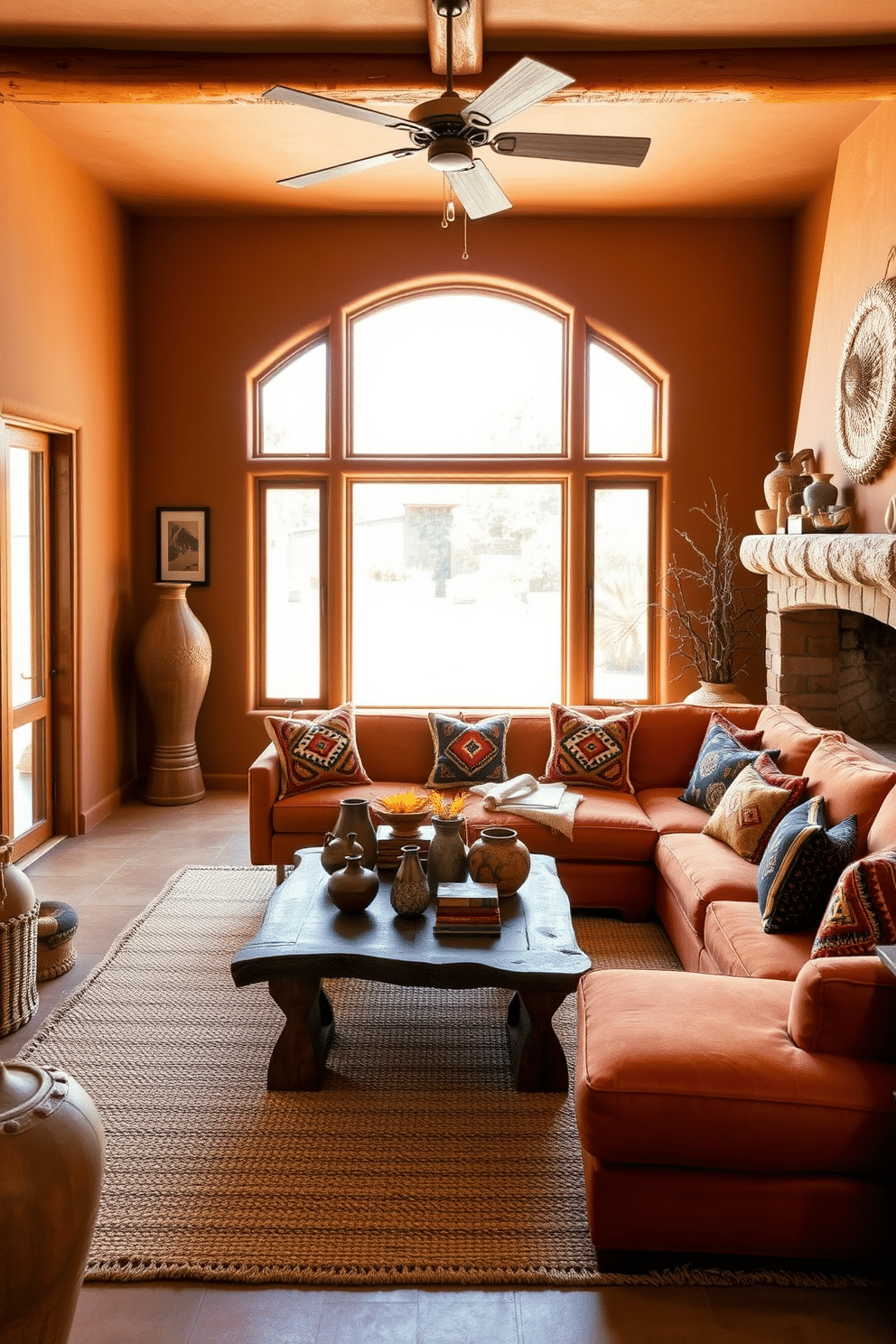 A cozy Southwestern family room featuring an earthy color palette with warm terracotta tones. The room is adorned with a large, plush sectional sofa in a rich rust hue, complemented by a woven area rug that adds texture and warmth to the space. A rustic wooden coffee table sits at the center, surrounded by handcrafted pottery and vibrant throw pillows showcasing traditional Southwestern patterns. Large windows allow natural light to flood in, highlighting the adobe-style fireplace with decorative elements that evoke a sense of comfort and connection to nature.