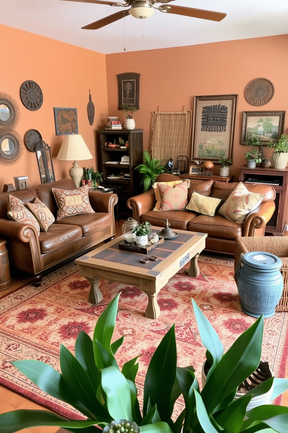 A cozy family room adorned with charming vintage finds. An eclectic mix of antique furniture pieces, including a distressed leather sofa and a reclaimed wood coffee table, creates an inviting atmosphere. The walls are painted in warm earth tones, complemented by woven textiles and Southwestern-inspired art. A large area rug with geometric patterns anchors the space, while potted plants and unique decor items add character and warmth.