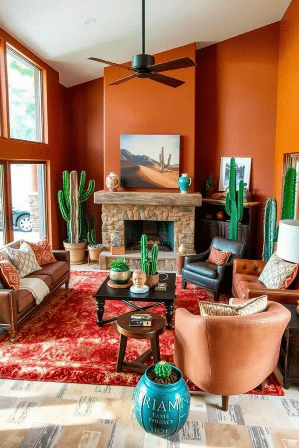 A warm and inviting family room featuring a rich, earthy color palette inspired by the Southwestern landscape. The space is adorned with plush, patterned textiles, including a large area rug and throw pillows, while a mix of rustic wooden furniture and modern accents creates a harmonious blend. Cactus plants are strategically placed throughout the room, adding a touch of natural decor and enhancing the Southwestern vibe. Large windows allow ample natural light to flood the space, highlighting the unique textures and colors of the furnishings and decor.