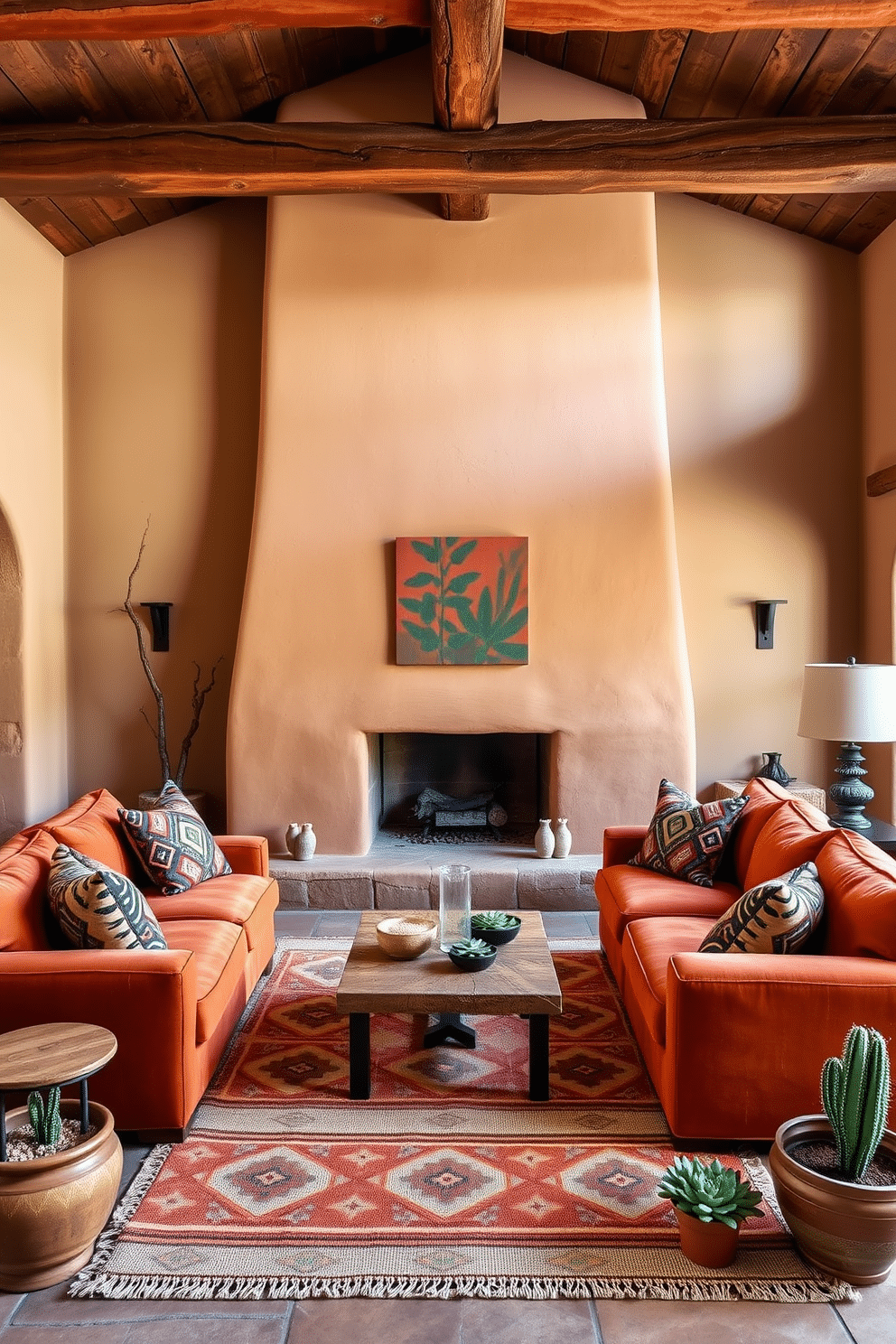 A large adobe fireplace serves as the focal point of this Southwestern family room, exuding warmth and inviting comfort. Surrounding the fireplace, earth-toned walls complement rich wooden beams that stretch across the ceiling, enhancing the rustic charm of the space. The seating arrangement features a plush, oversized sectional in a deep terracotta hue, accented by vibrant throw pillows in native patterns. A handwoven area rug with geometric designs anchors the seating area, while a collection of potted succulents adds a touch of greenery throughout the room.