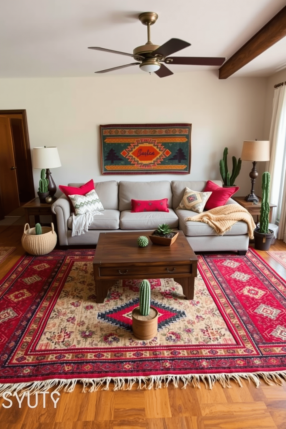 A cozy Southwestern family room featuring layered rugs that add texture and warmth to the space. The room is adorned with earthy tones, showcasing a large, patterned area rug beneath smaller, complementary rugs in rich colors. A comfortable sectional sofa in a neutral fabric is positioned around a rustic wooden coffee table. Colorful throw pillows and a woven blanket enhance the inviting atmosphere, while a collection of potted cacti and succulents brings a touch of nature indoors.