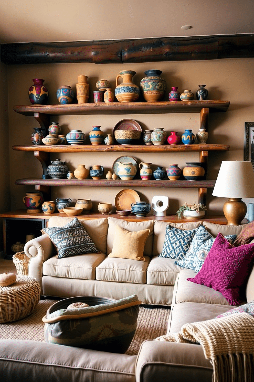 A cozy Southwestern family room features handcrafted pottery displayed on rustic wooden shelves, showcasing vibrant colors and unique textures. The space is adorned with warm earth tones, complemented by a large, inviting sofa and woven textiles that enhance the cultural aesthetic.