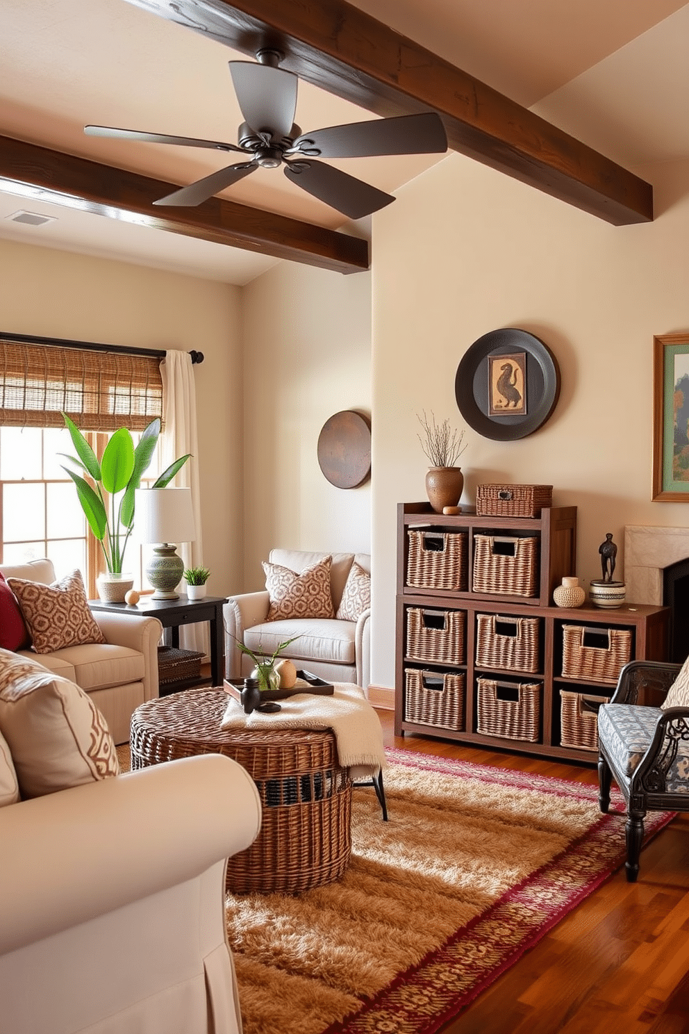 A cozy Southwestern family room featuring woven baskets for stylish storage. The room is adorned with warm earthy tones, complemented by a plush area rug and comfortable seating arrangements.